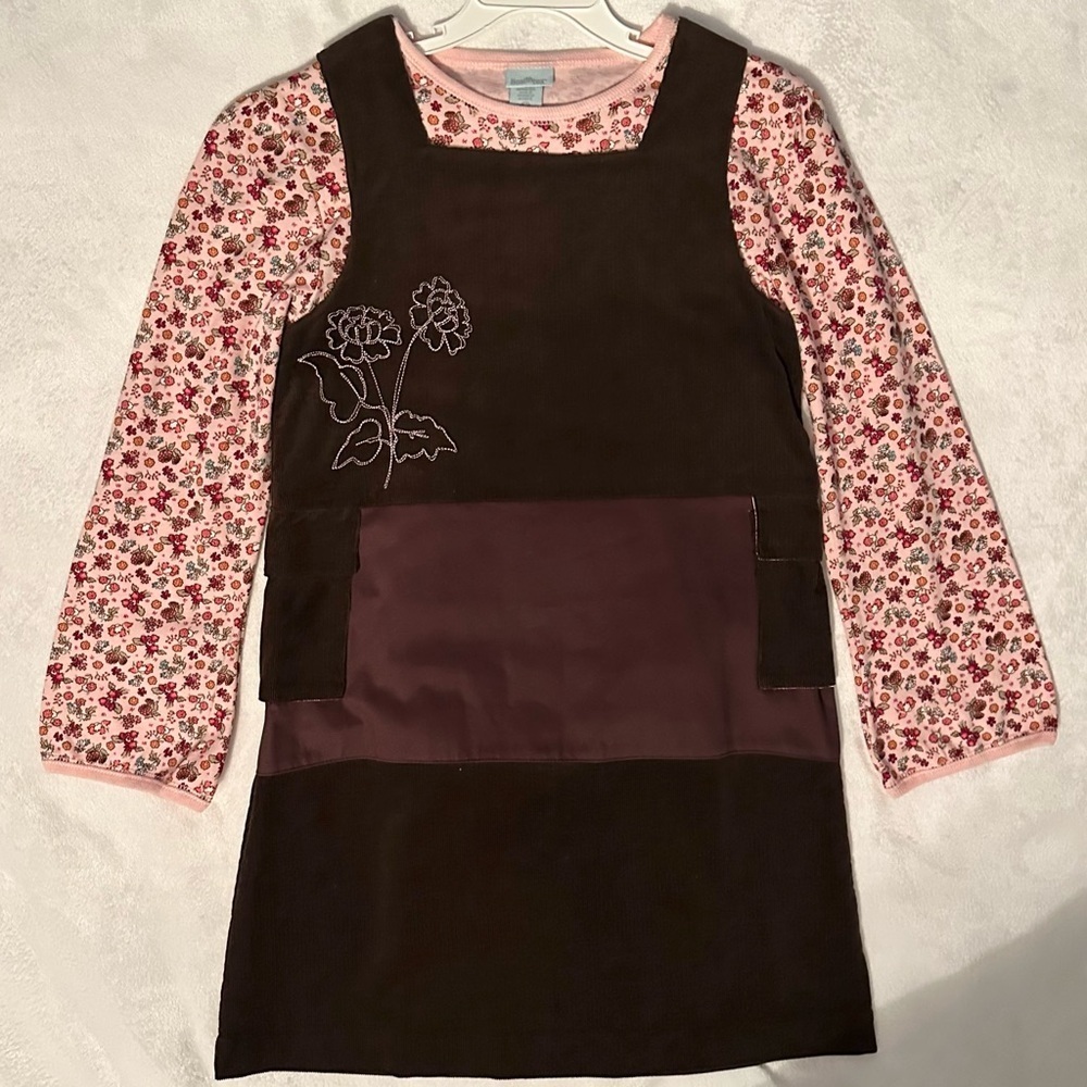Vintage Healthtex Brown Corduroy Jumper Dress w. Floral Long Slv Shirt Girls 8
